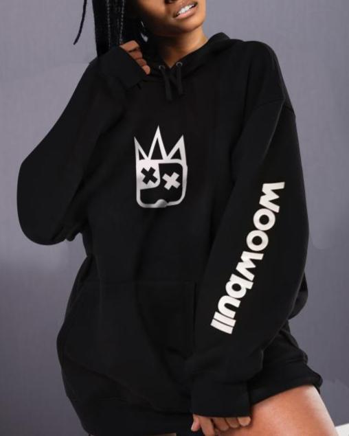 Black hoodie with chest logo print and graphic design on sleeves, featuring a relaxed fit and cozy style.