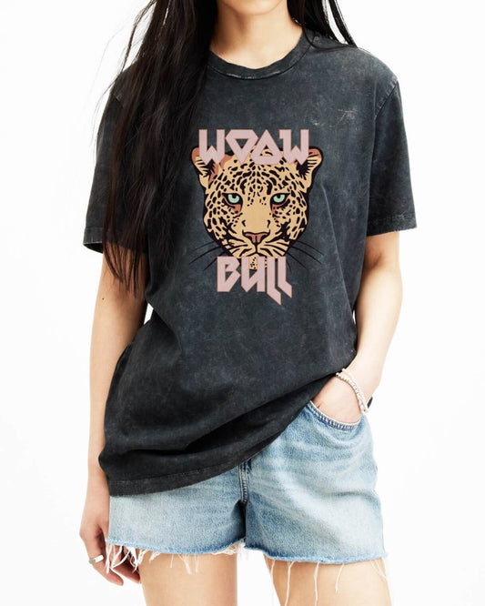 Leopard Print oversized t-shirt in heavyweight 260gsm washed black with Colored back print