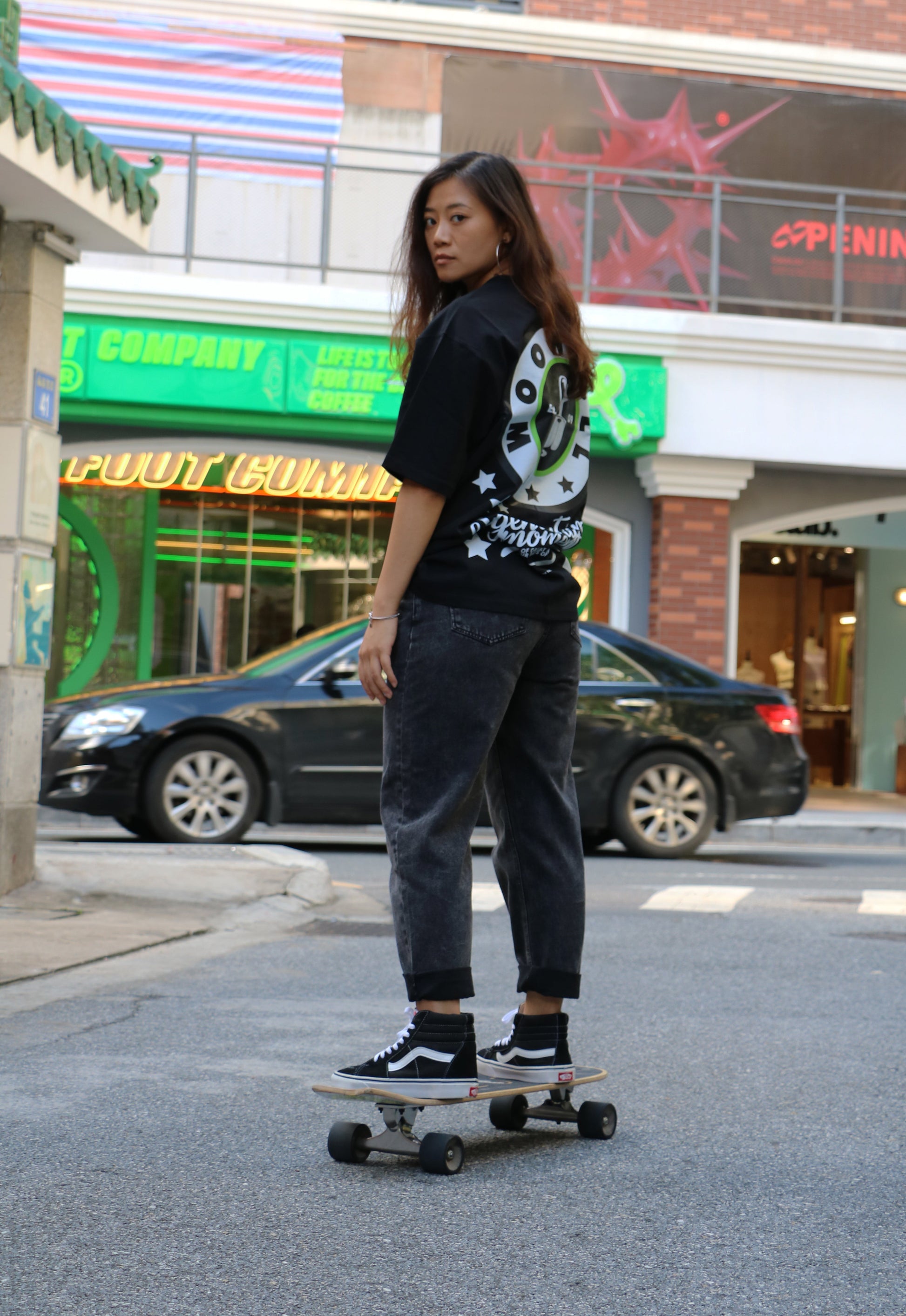 Original Design Unisex Oversized Graphic Tee with WOOWBULL Classic Logo prints in black - Fullfit