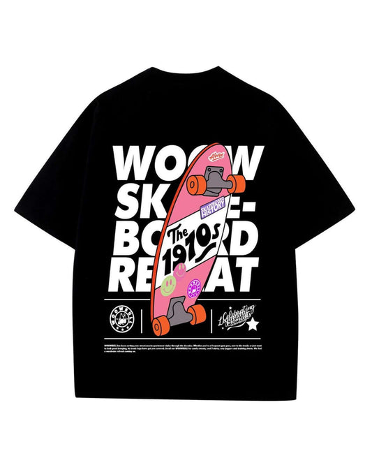 Unisex oversized black T-shirt featuring vibrant skateboard graphic design on the back, perfect for casual wear.